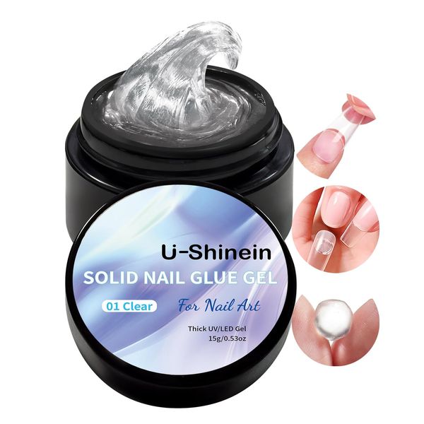 U-Shinein 15 ml Solid Nail Glue Gel, Nail Tips Glue Gel for Acrylic Nails, Press on Solid Glue Gel, Nail Art Manicure Glue Gel, 0.52oz, Transparent