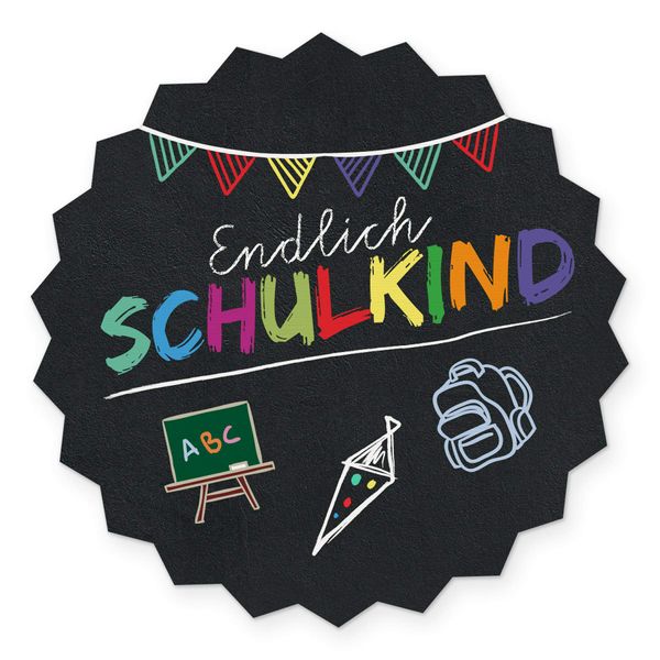 itenga 10x Sticker Einschulung Schulanfang Aufkleber Endlich Schulkind Tafel rund Gastgeschenk Geschenkverpackung (schwarz)