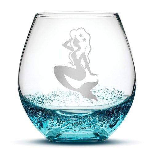 Integrity Bottles Premium Mermaid Stemless Wine Glass, Bubbly Turquoise, Handblown, Tribal Design, Hand Etched Gifts, Sand Carved