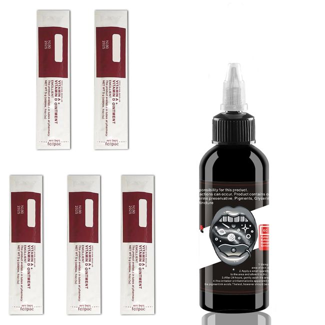 Tattoo Farbe, Schwarze Tattoo-Tinte, SNDE Professionelle Tattoo-Tinte mit 5-Packungen Heilsalbe,60 ml, Tattoo-Zubehör für Profis und Anfänger