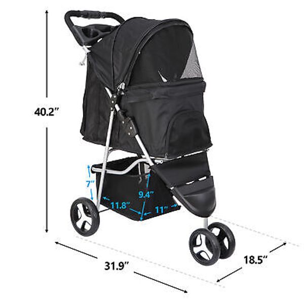 Pet Stroller Dogs Cats Carrier Cart 3 Wheels Flodable Travel with Cup Holder