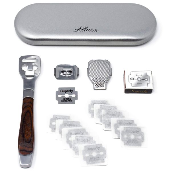 Allura Foot Care Pedicure Callus Shaver Cutter Rasp File Hard Skin Corn Remover Wood Handle 10 Blades (Case Included)