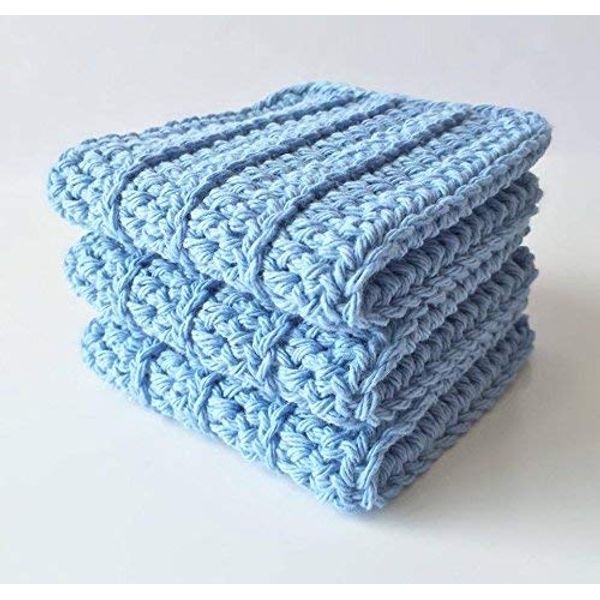 Handmade Crochet Washcloths, 100% cotton washcloths set of 3, Dish Towels, dish cloths, Baby wipes, Baby washcloths, Spa Cloths, Blue Cotton Wash Cloths set of 3