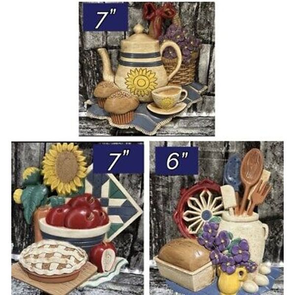 Vtg Home Interiors 3 Kitchen Wall Plaques Teapot Fruit Pie Utensils Kitchen Deco