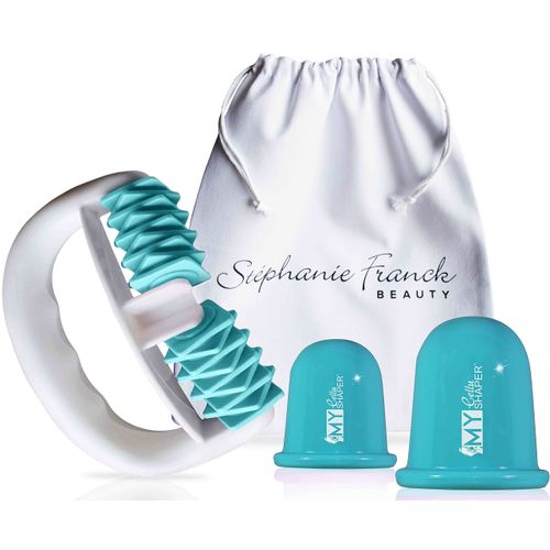 Stephanie Franck Beauty Cellulite Massage Premium - Massage Roller & 2 Cupping Glasses (5.5 & 7 cm) - Set for Smooth Skin & Body Tightening - Includes Cotton Bag, Turquoise