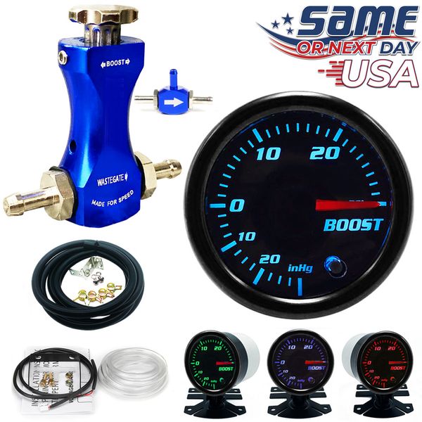 Boost Control Kit 7 Color Mechanical 0-30PSI 52mm Gauge, BLUE Boost Tee MBC