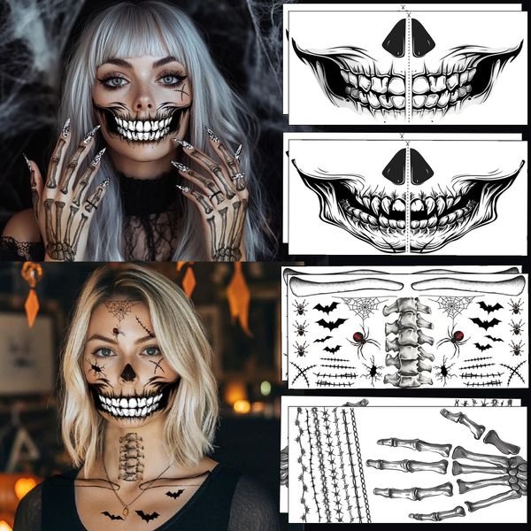 Halloween Face Tattoo,8 Sheets Halloween Mouth Face Tattoos Stikcers Skeleton Mouth Tattoos Temporary Halloween Make Up for Adults (Black&White)