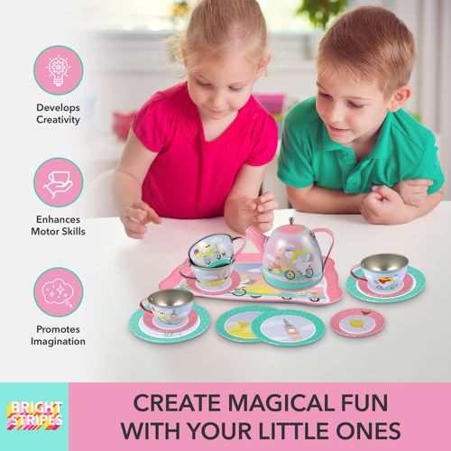 Bright Stripes Animal Tourists Tin Tea Set 15 Piece in Deluxe Carry Case w/Invites & Place Cards - Pretend Play Set for Kids - Tea Set for Kids