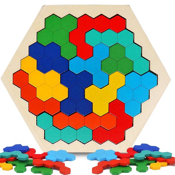 NAODONGLI Wooden Puzzles for Kids,Brain Teaser Puzzles for Adults,STEM Montessori Educational Hexagon Puzzles Block Family Games Birthday Easter Gift for All Ages Challenge