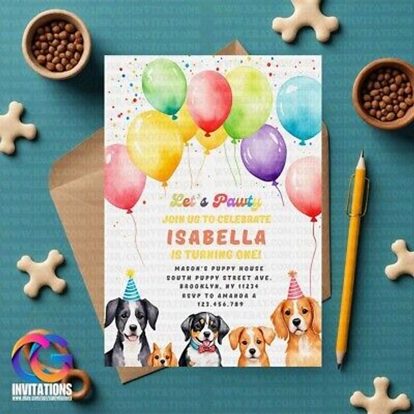 Editable Cute Pets Birthday Invitation, Puppy Party Invitation, Dog Pawty Invite