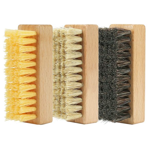 Shoe Cleaning Brush Set with Nylon, Boar and Horsehair Bristles, Wooden Sneaker Cleaner Brush for Leather, Suede, Canvas, Textile, Bags and Accessories - 3 Pack