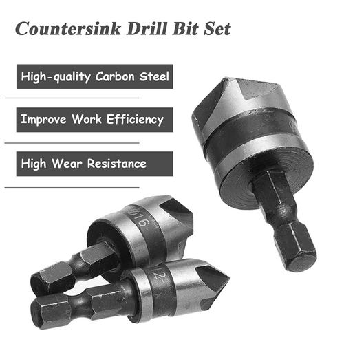 Mesee 3 Pieces 5 Flute 90 Degree Chamfering Countersink Drill Bit Set, 1/4 Inch Hex Shank HSS Countersink Drill Bits for Woodworking Countersinking Drilling Tool 12mm 16mm 19mm