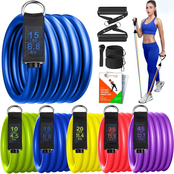 SmarterLife Resistance Bands for Working Out, Physical Therapy - Workout Bands for Women, Men - Tone Arms, Legs, Chest, Booty - 5 Exercise Bands with Handles, Ankle Straps, No-Slip Door Anchor, Bag