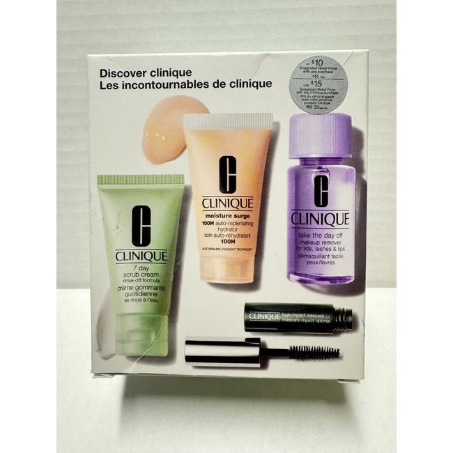 Clinique Discover 4 pcs Set (Moisture Surge-Scrub Cream-Makeup Remover-Mascara)