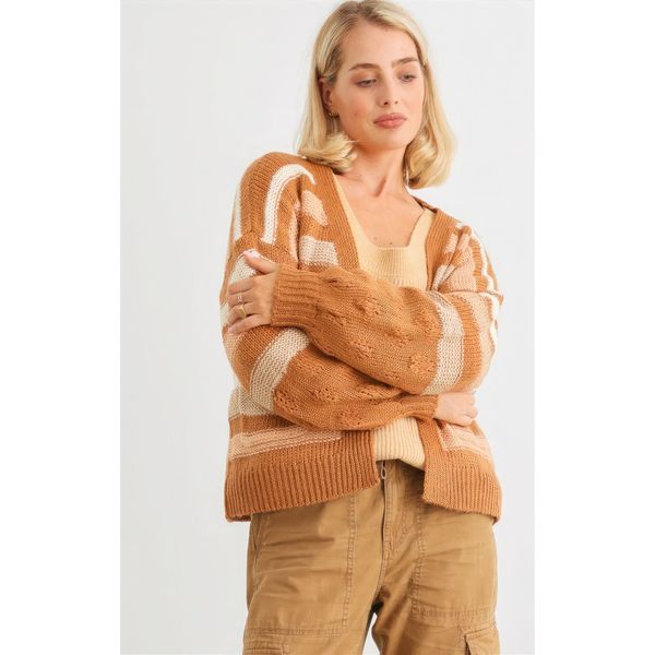 Camel Striped Crochet Knit Two Pocket Open Front Cardigan - M