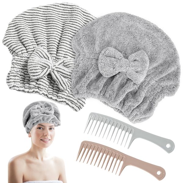 HMIEPRS 2 Pack Microfiber Hair Towel Cap, Quick Drying Cap Soft Absorbent Towel and 2 Combs for Curly Long Thick Dry or Wet Hair (Stripe and Gray)