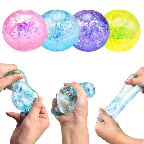 4 PCS Glitter Stress Balls for Adults and Kids,Squeeze Colorful Slow Rising Fidget Toy,Silky Soft Memory Gel Sensory Balls Stretchy Toys,Hand Exercise Bouncy Balls