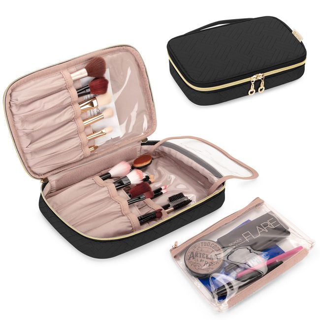 Yarwo Travel Makeup Brush Bag, Portable Organiser for Makeup Brush(up to 24cm), Travel Cosmetic Case with Detachable Transparent Pocket for Makeup Brush Set and Cosmetic Supplies, Black(BAG ONLY)