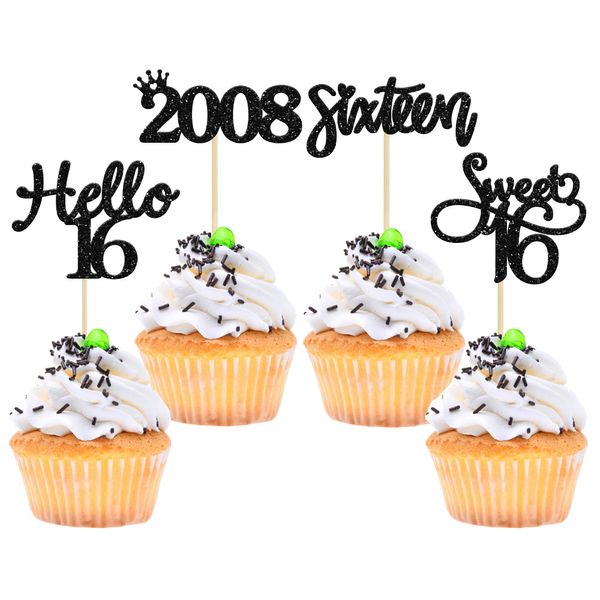 Gyufise 24 Pack Black Glitter 16th Birthday Cupcake Toppers Hello Sweet 16 Sixteen Since 2008 Cupcake Picks for 16th Birthday Party Cake Decorations Supplies