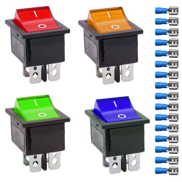 KILIGEN 4pcs AC20A/125V 16A/250V DPST 4 Pin 2 Position On/Off Red/Blue/Yellow/Green Lighted Boat Rocker Switch Toggle + 16 Wire Connectors