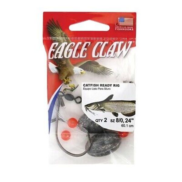 Eagle Claw Catfish Ready Rig Hook, Platinum Black, Size 8/0, 24”, Qty 2 ECCFRR
