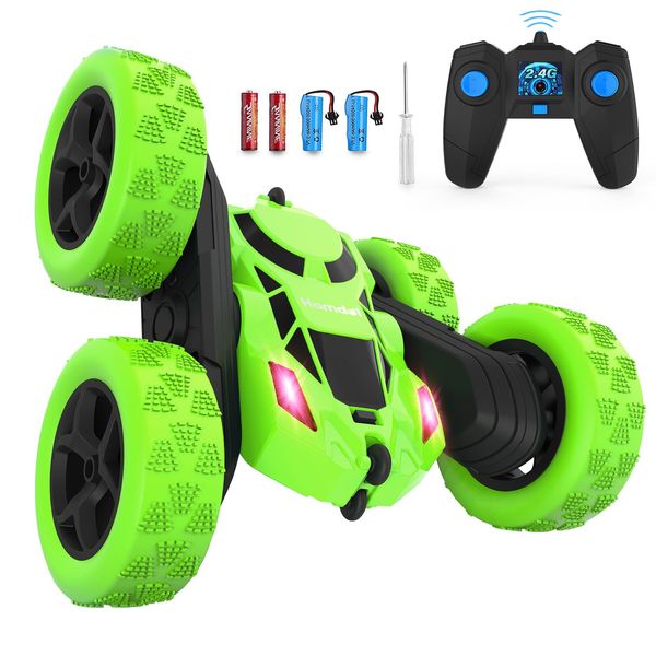 Remote Control Car, Hamdol Double Sided 360°Rotating 4WD RC Cars with Headlights 2.4GHz Electric Race Stunt Toy Car Rechargeable Toy Cars for Boys Girls Birthday (Green)