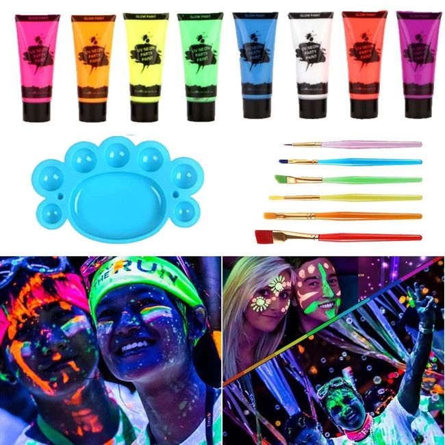 KARLOR 8 Stück UV Bodypainting Set,Glow Neon Facepainting mit 6 Pinsel & Palette, Fluoreszierende Gesichts/Körperbemalung, UV Glow Köperfarbe Neon-Fluoreszenz Malerei, Make-up Party Halloween Cosplay