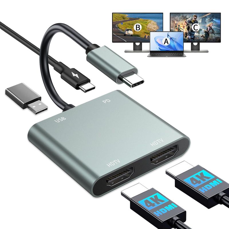 USB C to Dual HDMI Adapter, 4 in 1 HDMI Splitter for Dual Monitors 4K ...