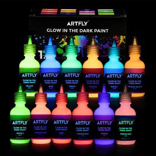 ARTFLY Glow in The Dark Paint, Glow Paint Set of 12 Bright Colors 30ml/1oz, Acrylic Glow in The Dark Paint Perfect for Art Painting, DIY projects, Halloween and Christmas Decorations, Rich Pigments