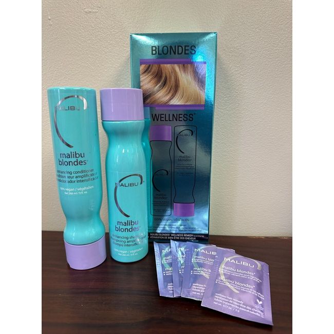 MALIBU 2000 BLONDE BLONDES WELLNESS SHAMPOO/CONDITIONER/4 PACKS BRIGHTENER KIT