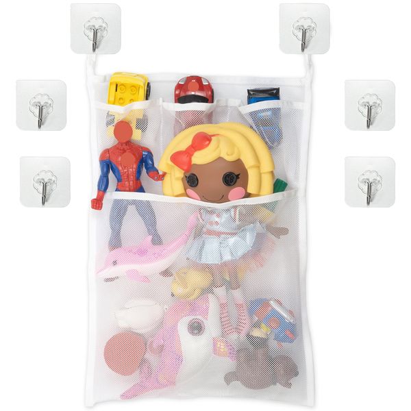 Bathroom Toy Storage, Organiser Net with 6 x Adhesive Hooks, Baby Bath Toys Organiser, Toy Organiser Bag for Bathroom, Storage Hanging Net Mesh for Shower Accessories, Anti-Mould, Baby Bath Toy Bag