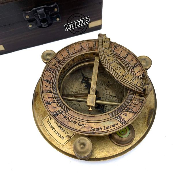 Marine Sundial Compass with Wooden Box Vintage Brass Ship Navigate Device J.H.Steward Ltd. Strand London Functional Sundial with time Chart Nautical Gift Collection