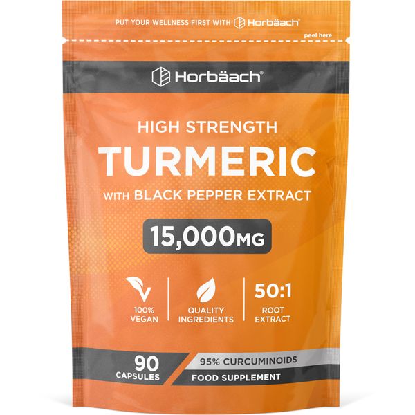 Turmeric and Black Pepper Capsules 15,000mg | High Strength 95% Curcuminoids | 90 Vegan Capsules | Turmeric Root Extract Supplement | by Horbaach