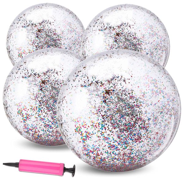 4 Pack 24Inch Glitter Beach Balls Inflatable Confetti Sports Beach Balls 16 Inch Floatable Sequin Beachballs Pool Toys Balls Giant Clear Beach Ball Bulk for Summer Beach Favor Swimming Pool Party Toy