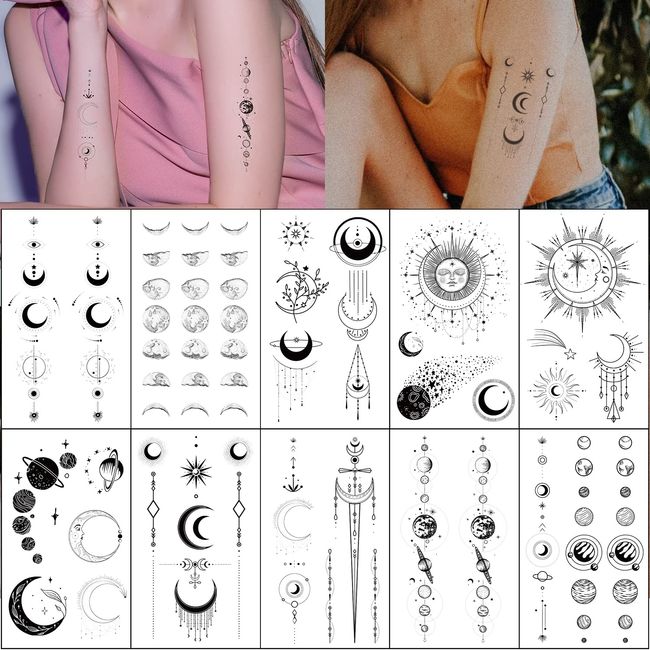 Esland Realistic Moon Sun Stars Space Planets Chain Temporary Tattoos Vertical Spine Tattoo Stickers for Women Men (Moon Stars)