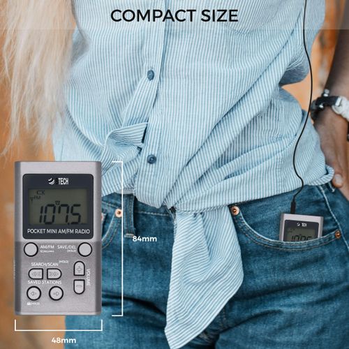 BTECH MPR-AF1 AM FM Personal Radio with Two Types of Stereo Headphones, Clock, Great Reception and Long Battery Life, Mini Pocket Walkman Radio with Headphones (Silver)