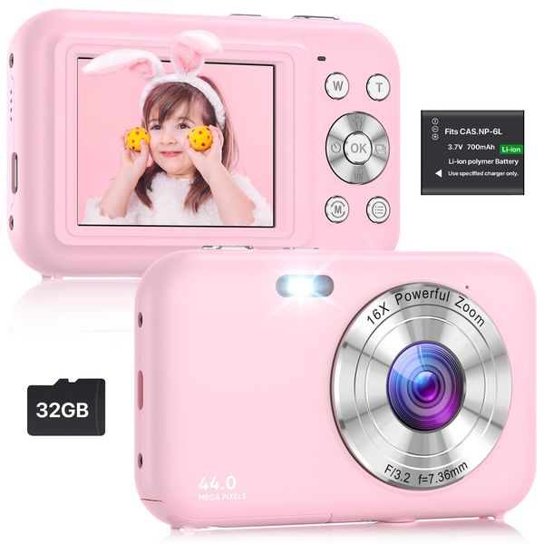 Digital Camera, FHD 1080P Kids Camera with 32GB Card, 44MP Point and Shoot Camera 16X Zoom Anti Shake, Compact Small Digital Cameras Gift for Kids Teens Students Boys Girls Beginners