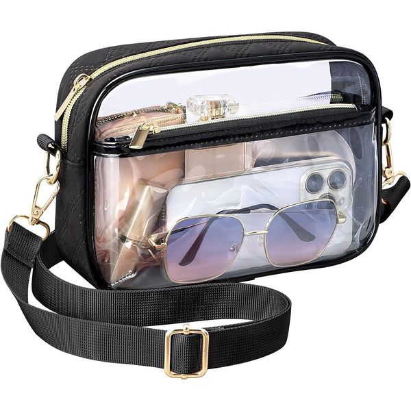 Clear Bag,Clear Crossbody Bag,Stadium Approved Clear Purses For Women Adjustable Shoulder Strap, Concert Bag For Sports Events Game Day，Transparent Bag for Concerts Sports Events Festival (Black)