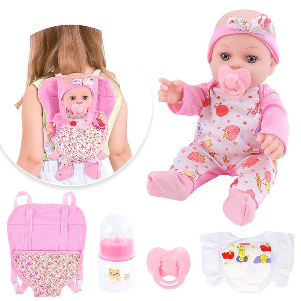 VAWMJOT 12 Inch Baby Doll with Carrier Play Set and Clothes,Reborn Baby Doll Accessories with Bottles,Pacifiers,Diapers