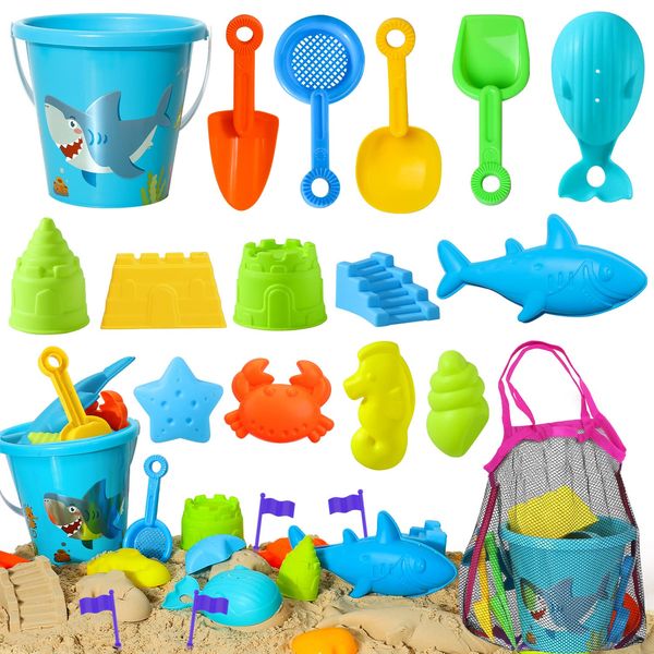 TOY Life Beach Sand Toys for Kids Toddlers - Shark Beach Toys for Kids 3-10, Toddler Sandbox Toy with Sand Bucket, Beach Shovels, Animal Molds Sand Castle Toys, Mesh Bag, Sand Toy for Toddler Boy Girl