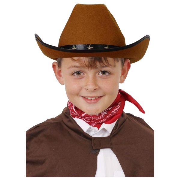 Childs Brown Studded Cowboy Hat - Brown Cow Boy Hat With Silver Star Studs - Perfect for a Western Themed Party, World Book Day or Any Other Fancy Dress Event -Pack of 1