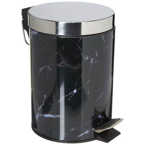 Mini Modern Black Marble & Silver Round Step Trash Can by Home Basics | 3 Liter Compact Garbage Bin with Removable Liner Bucket and Handle for Bathroom, Office, or Powder Room