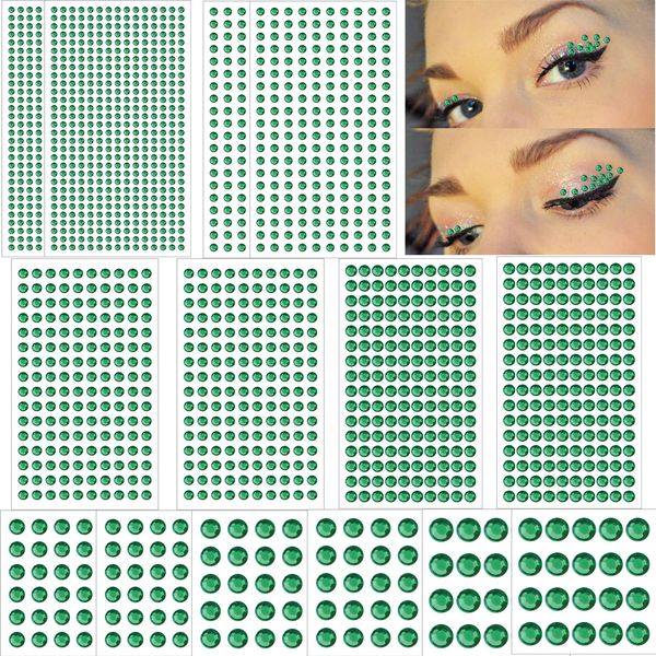 HoveBeaty 2102pcs Face Gems Stick on, Self Adhesive Hair Jewels Face Rhinestones Stickers Bling Jewels for for Face Hair Nails Makeup Clothes Shoes Bags DIY Craft, 7 Size 14 Sheets (Green)