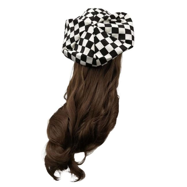 [Suitcase Company] Hat with Hair, Wig, GPT Beret, Black and White, Checkered Pattern, Long Wave, Curl, Wig Net Cap, Block Check, Hair Extension, Half Hair, Cosplay, Imechen, Fashionable, Wave Curled Long (Brown)
