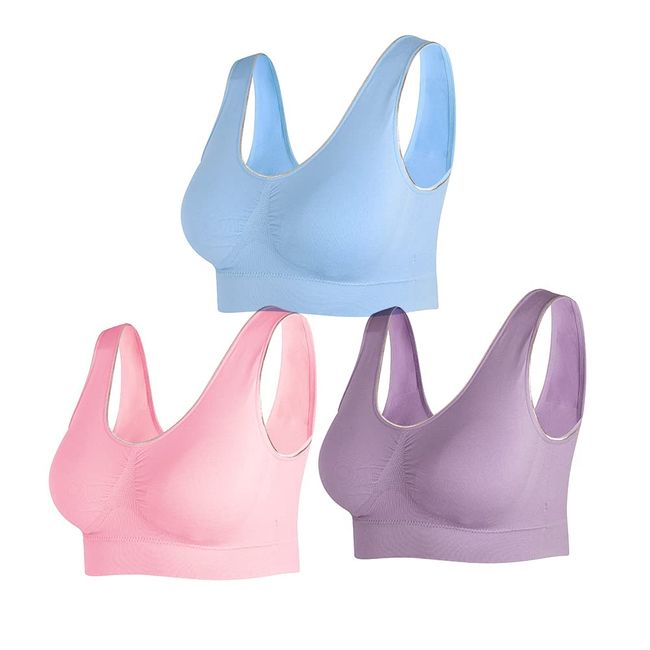 NAKQU Damen Sport BH Set Ohne Bügel Fitness Lauf Joggen Yoga Bustier Gepolsterter 3er Pack, Rosa, Blau, Lila, 2XL