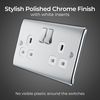 BG Electrical Double Switched Power Plug Wall Socket, Nexus Metal, Polished Chrome, White Inserts,13A, NPC22W
