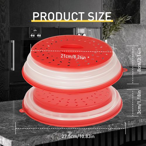 CasaCulina 2 Pack Collapsible Microwave Splatter Cover, Vented Microwave Lid with Hook Hole, Splatter Guard for Plate Dish Bowl, Vegetable Fruit Colander Multi-function Kitchen Gadget(Grey & Red)