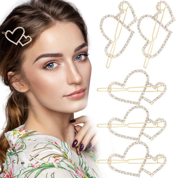 HINZIC 5pcs Rhinestones Hollow Heart Boho Hair Clips Barrette Bling Crystal Love Hair Pins Decorative Headdress Accessories for Women Girls Bride Party Prom Valentine(Gold)