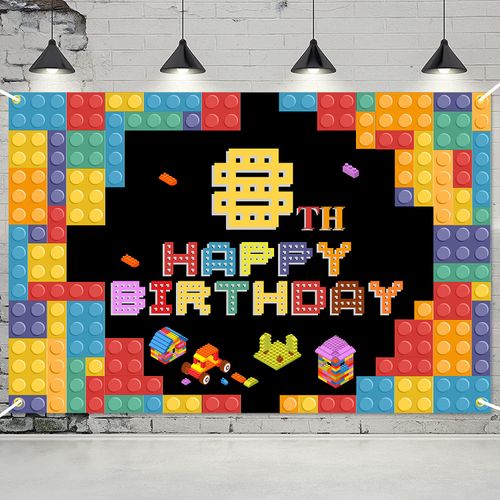Happy 8th Birthday Banner Backdrop Colorful Building Blocks Theme Background Eight Years Old Happy Bday Decorations for Boys Girls Kids Photography Party Sign Sing Decor Supplies