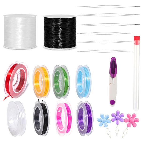 Eowppue Pack of 8 Elastische Schmuckfäden, 0,6mm Nylonfaden für Schmuck, mit 3 Perlnadeln und 1 Schere, Transparenter Schmuckfaden für Perlen, Armbänder, Basteln
